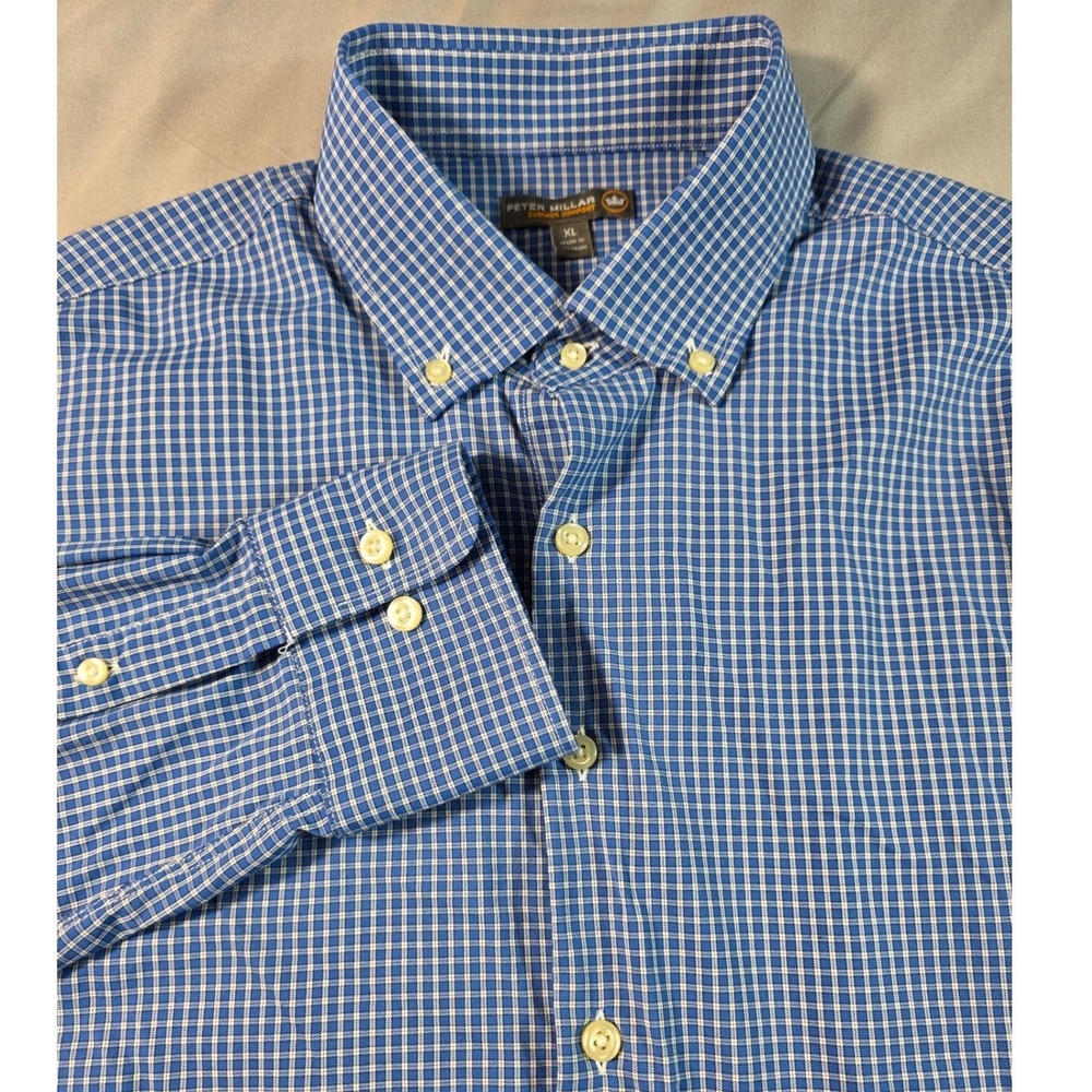 Peter Millar Summer Comfort Button Up Performance Shirt Mens XL Blue Check